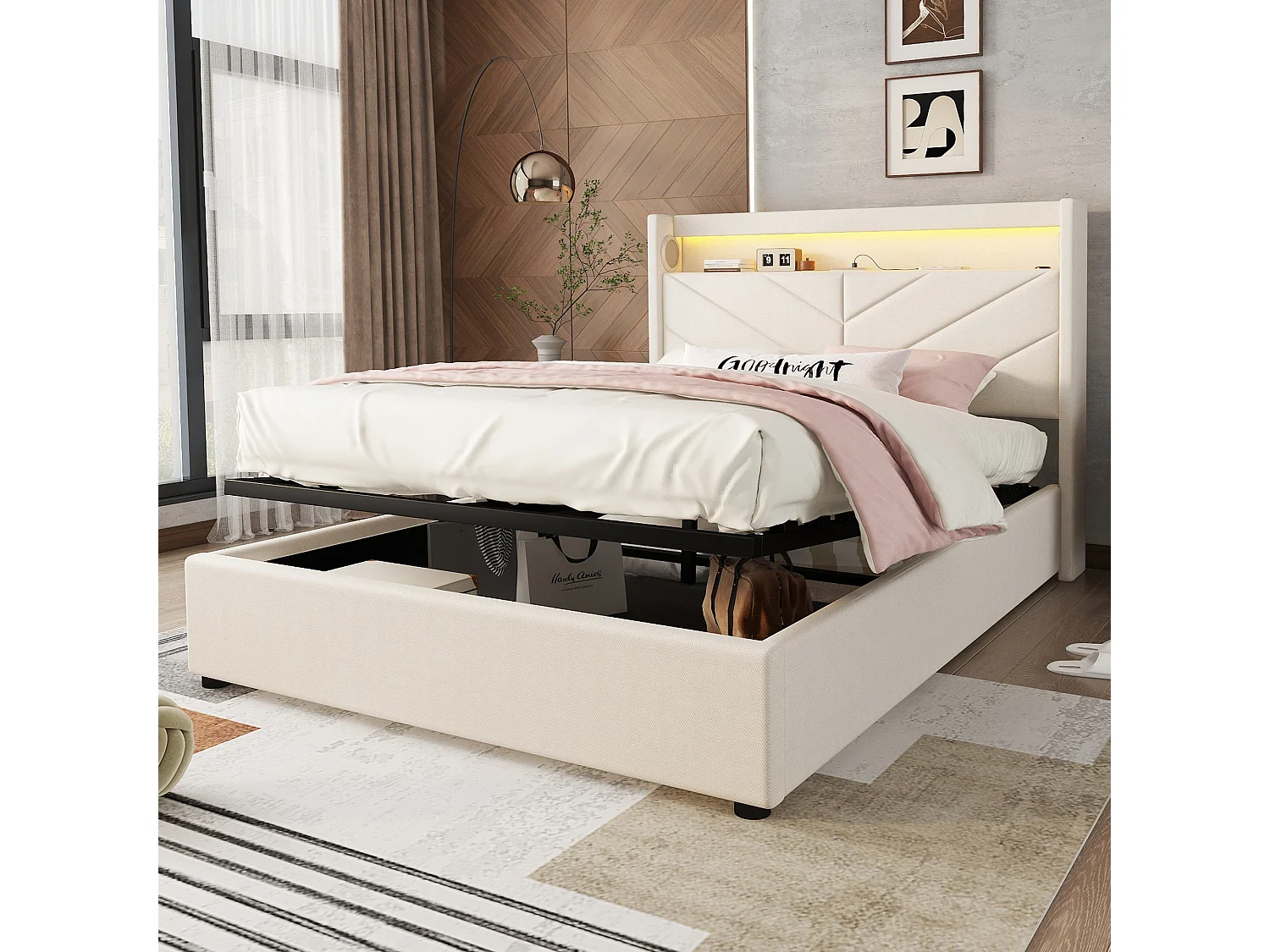 Lit coffre 140x190 cm en lin avec LED, stéréo, USB et rangement hydraulique, beige