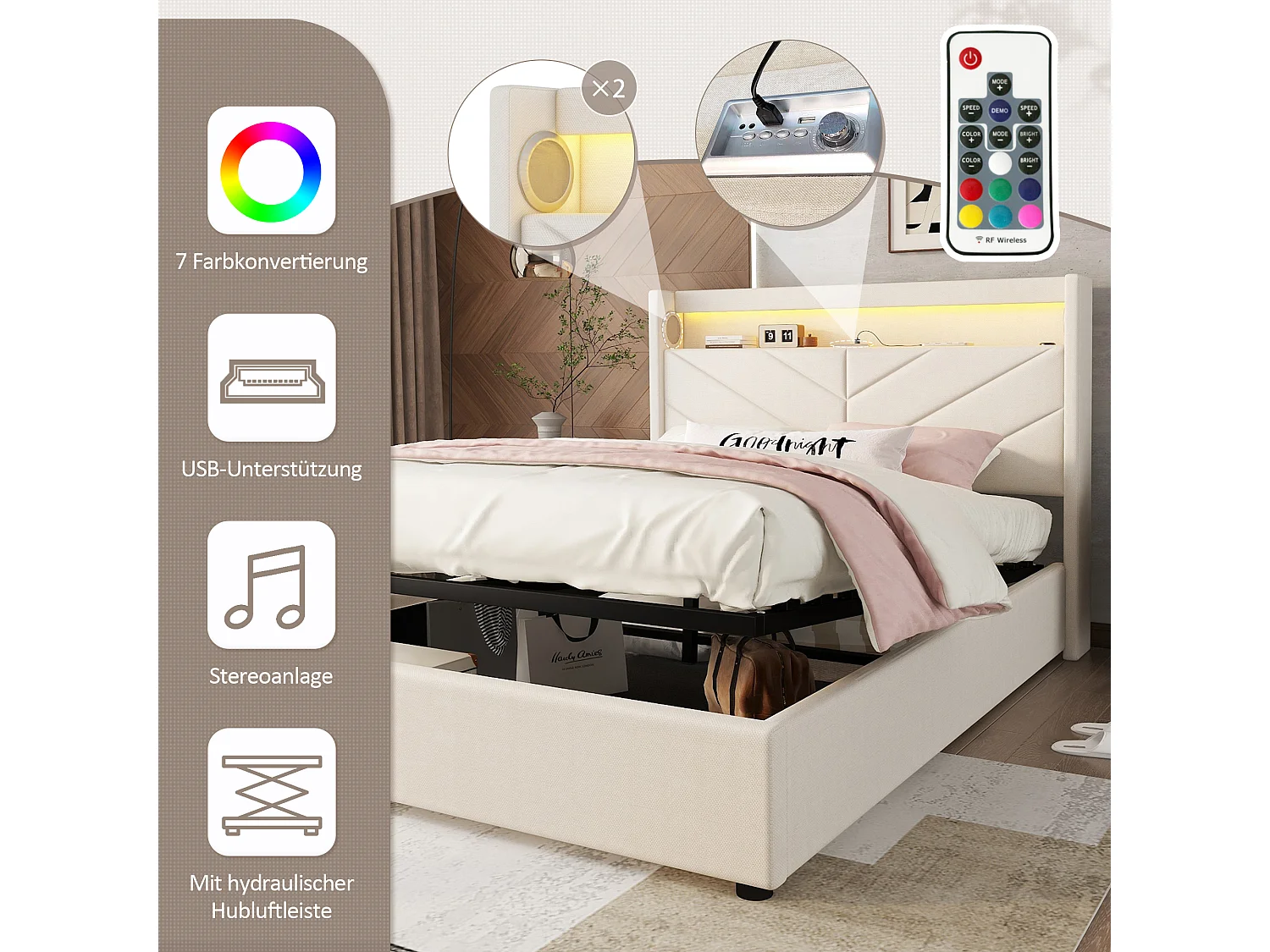 Lit coffre 140x190 cm en lin avec LED, stéréo, USB et rangement hydraulique, beige