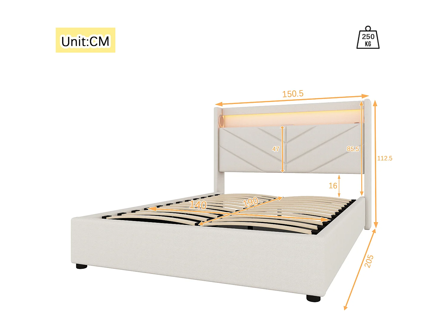 Lit coffre 140x190 cm en lin avec LED, stéréo, USB et rangement hydraulique, beige
