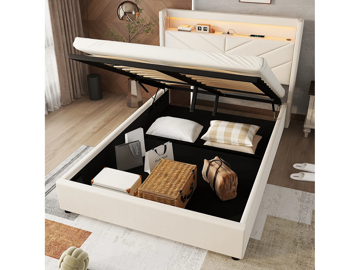 Lit coffre 140x190 cm en lin avec LED, stéréo, USB et rangement hydraulique, beige