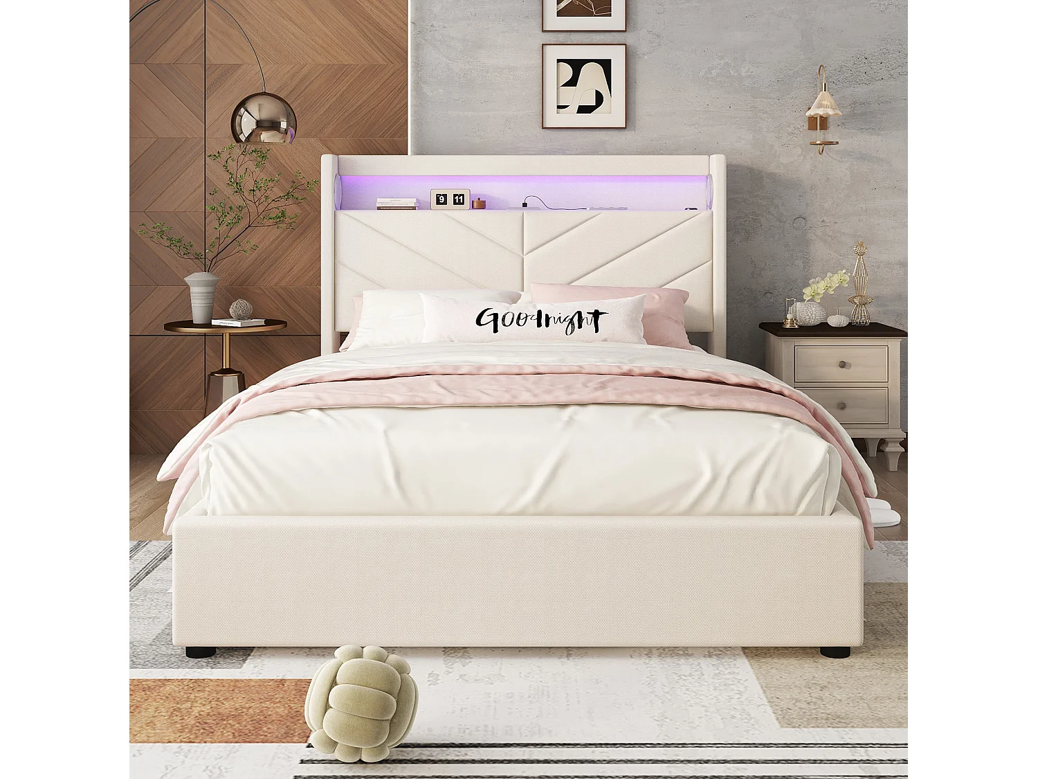 Lit coffre 140x190 cm en lin avec LED, stéréo, USB et rangement hydraulique, beige