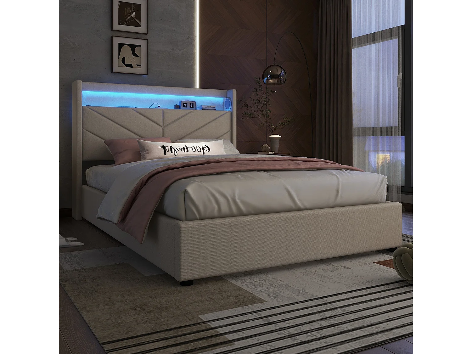Lit coffre 140x190 cm en lin avec LED, stéréo, USB et rangement hydraulique, beige
