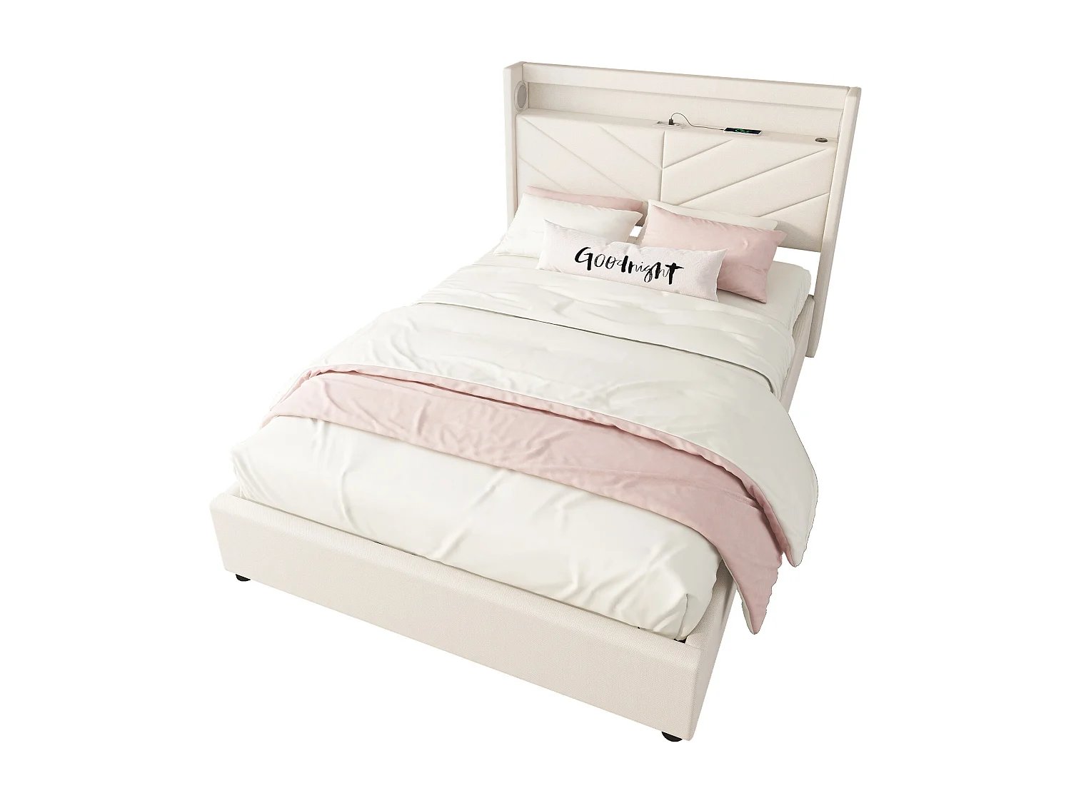Lit coffre 140x190 cm en lin avec LED, stéréo, USB et rangement hydraulique, beige