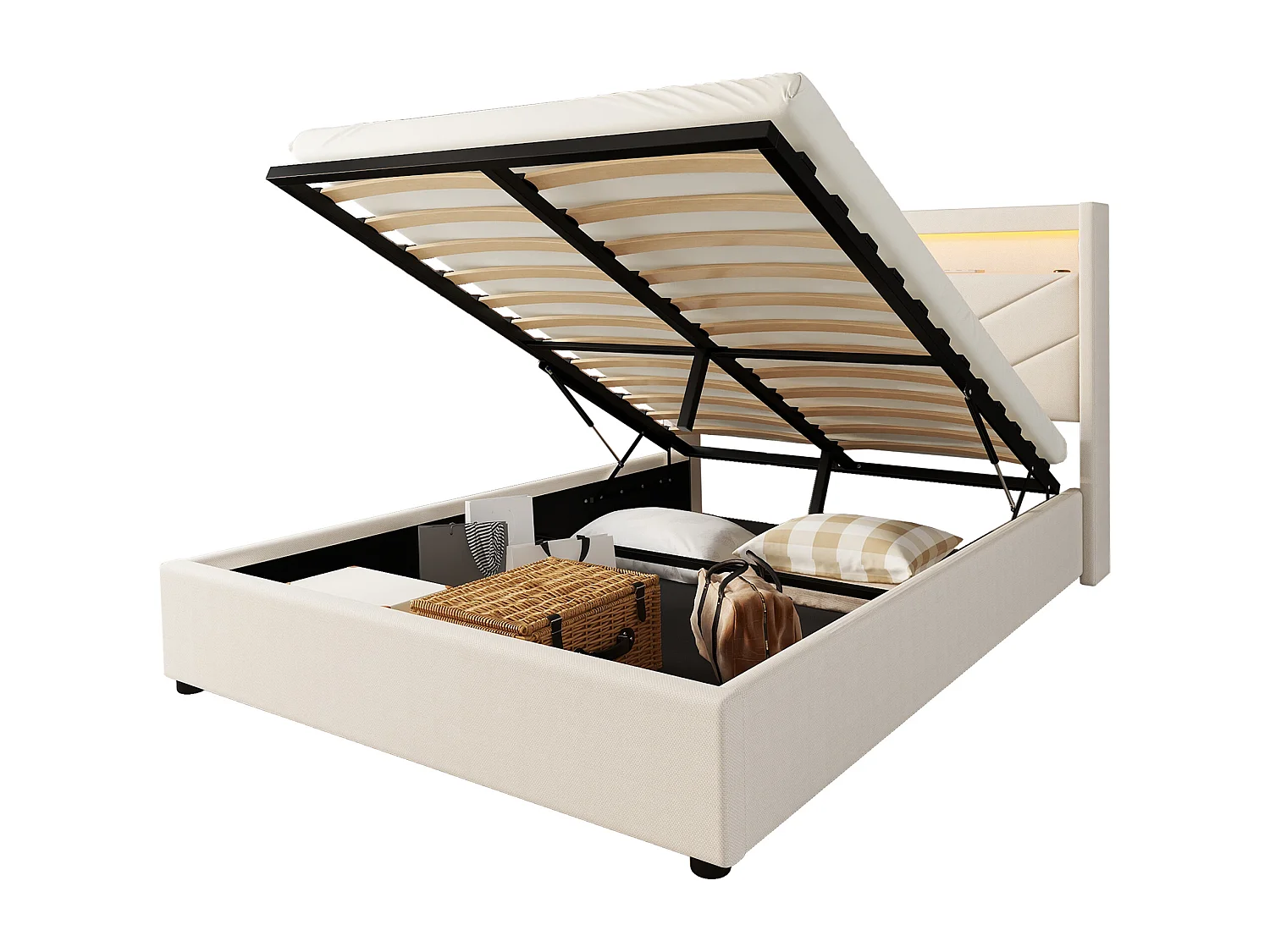 Lit coffre 140x190 cm en lin avec LED, stéréo, USB et rangement hydraulique, beige