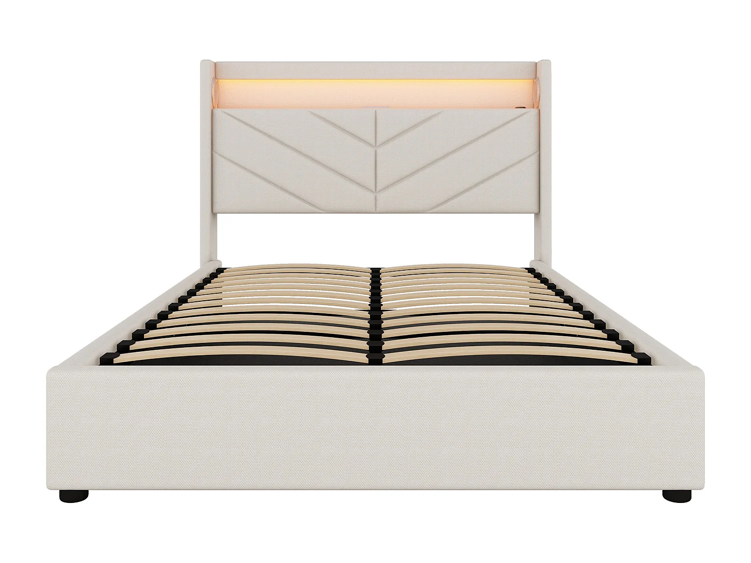 Lit coffre 140x190 cm en lin avec LED, stéréo, USB et rangement hydraulique, beige
