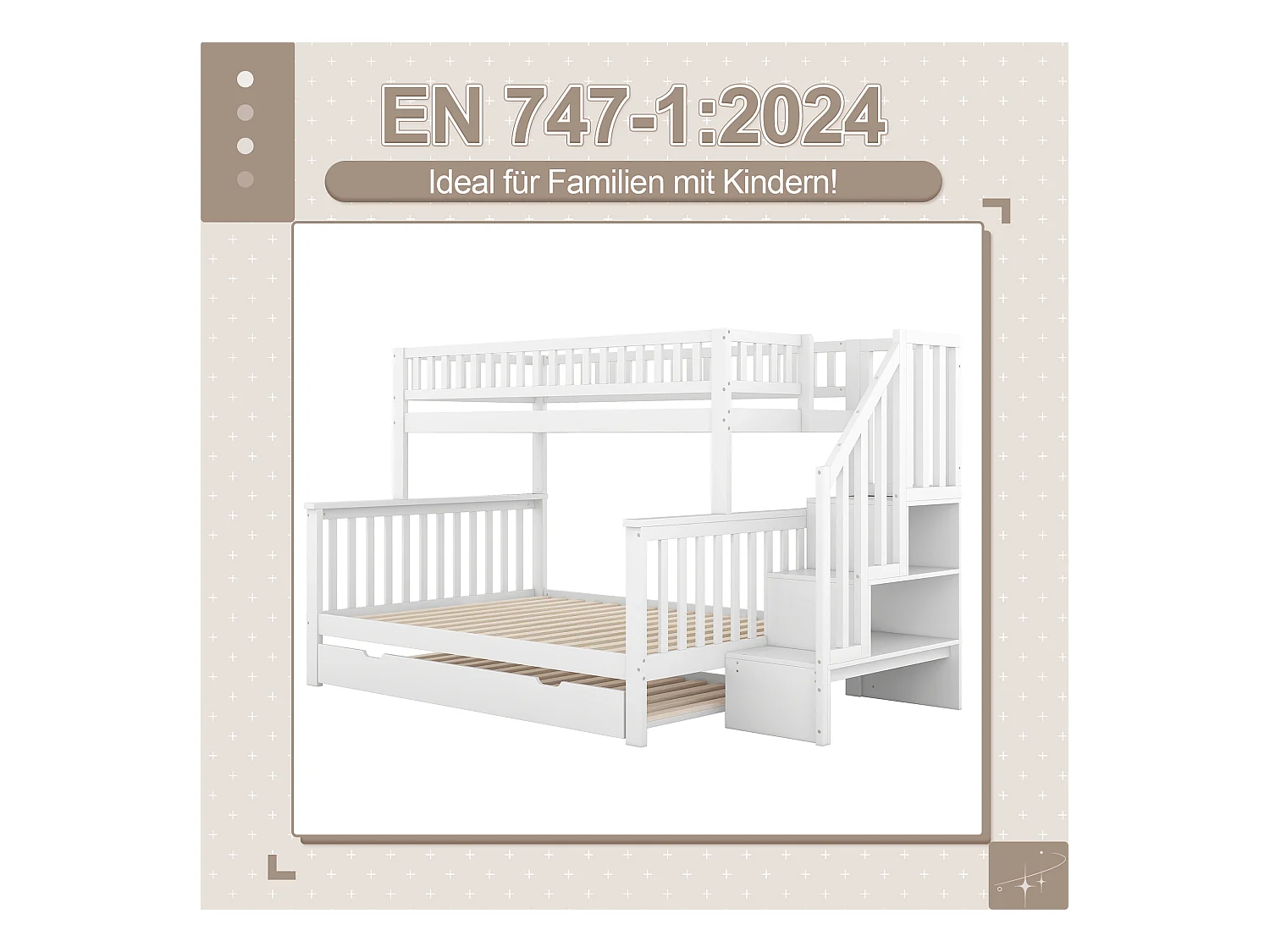 Beliche 90x200/140x200 madeira maciça com gaveta e escada branca