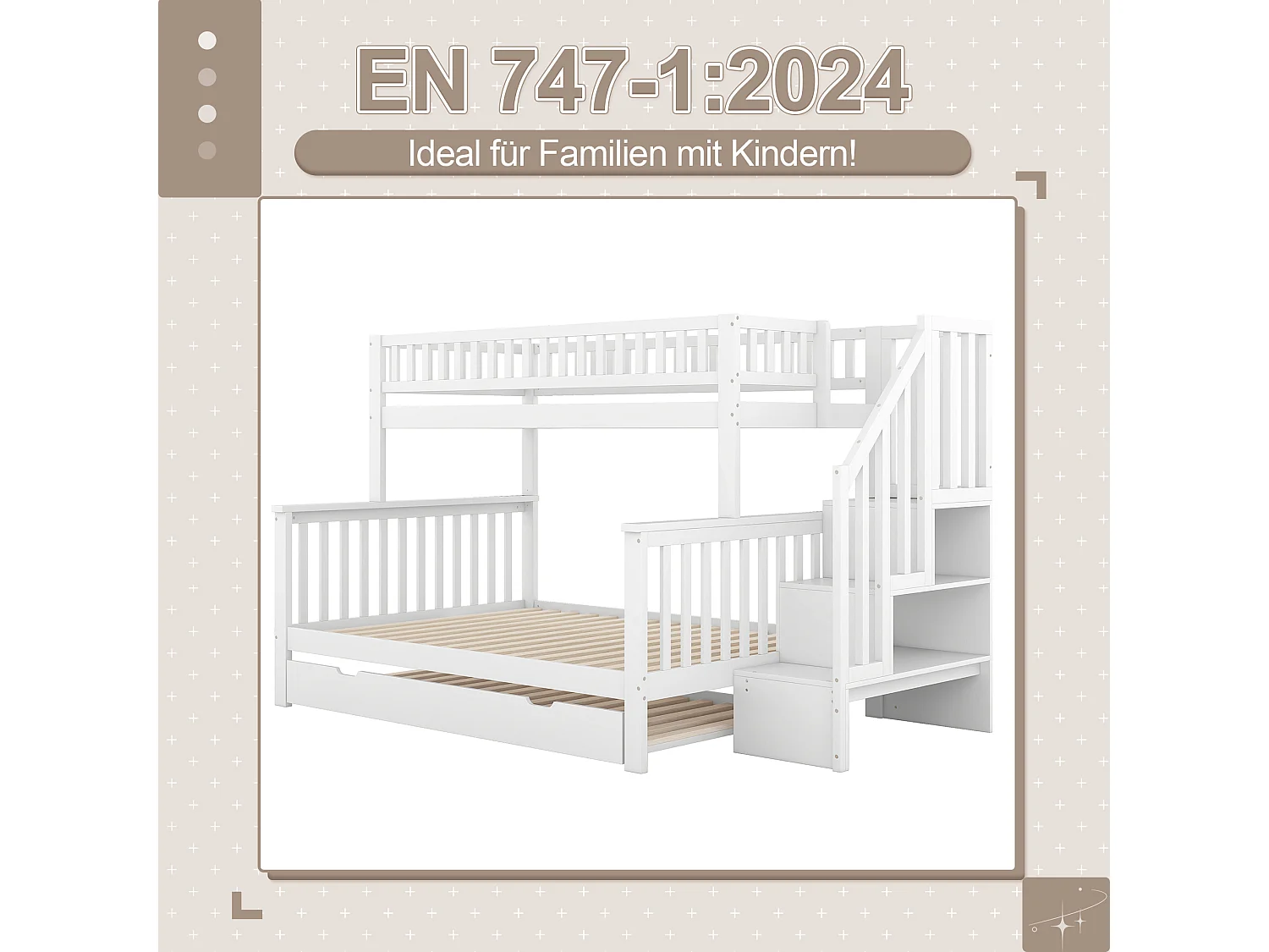 Litera 90x200/140x200 madera maciza con cajón y escalera blanca