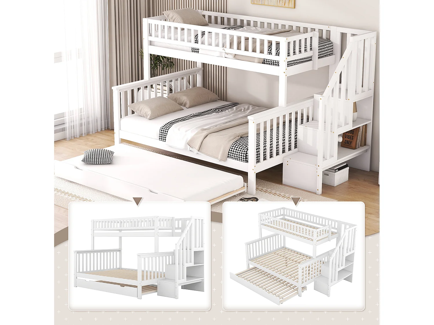 Litera 90x200/140x200 madera maciza con cajón y escalera blanca