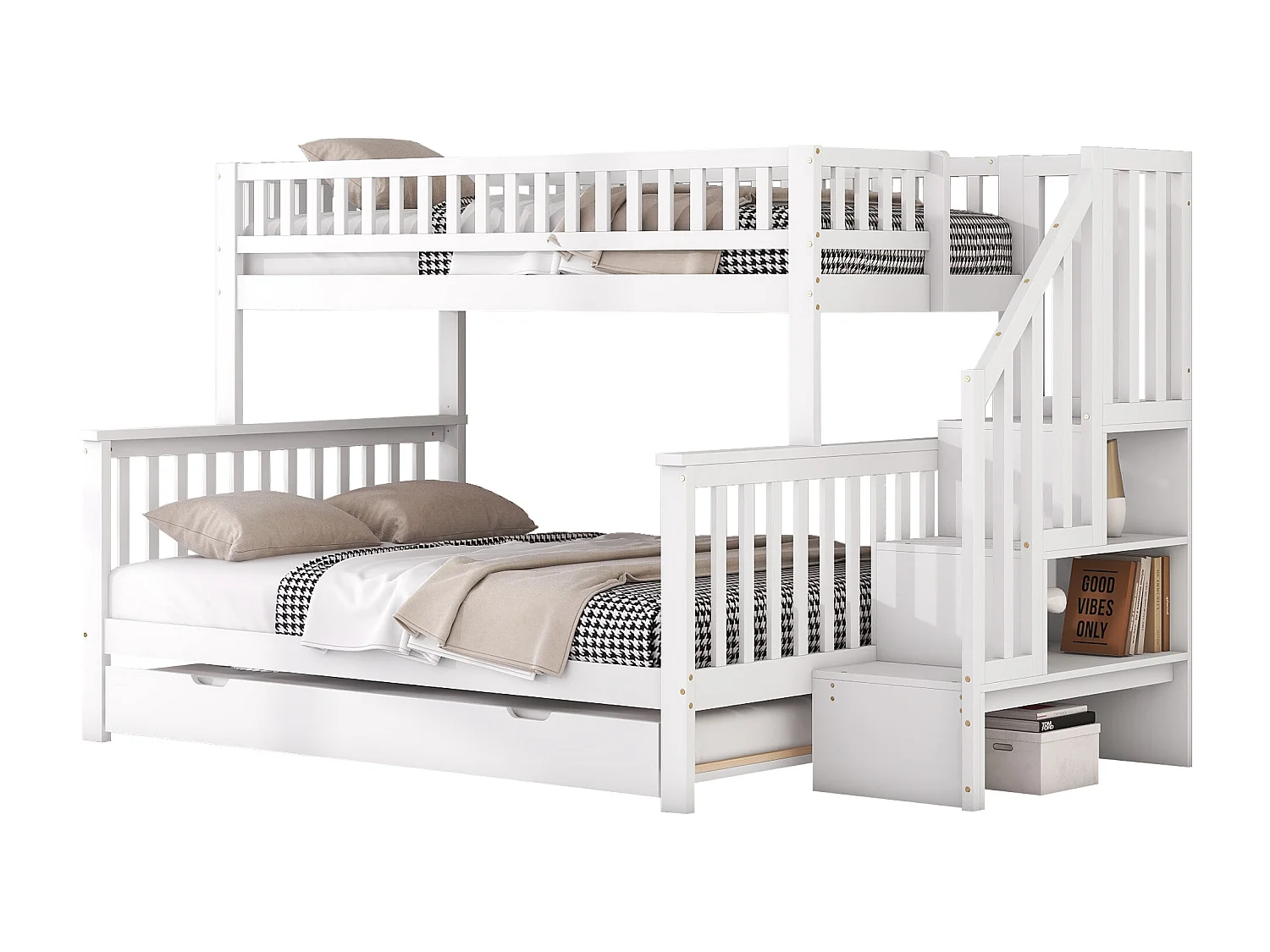 Litera 90x200/140x200 madera maciza con cajón y escalera blanca