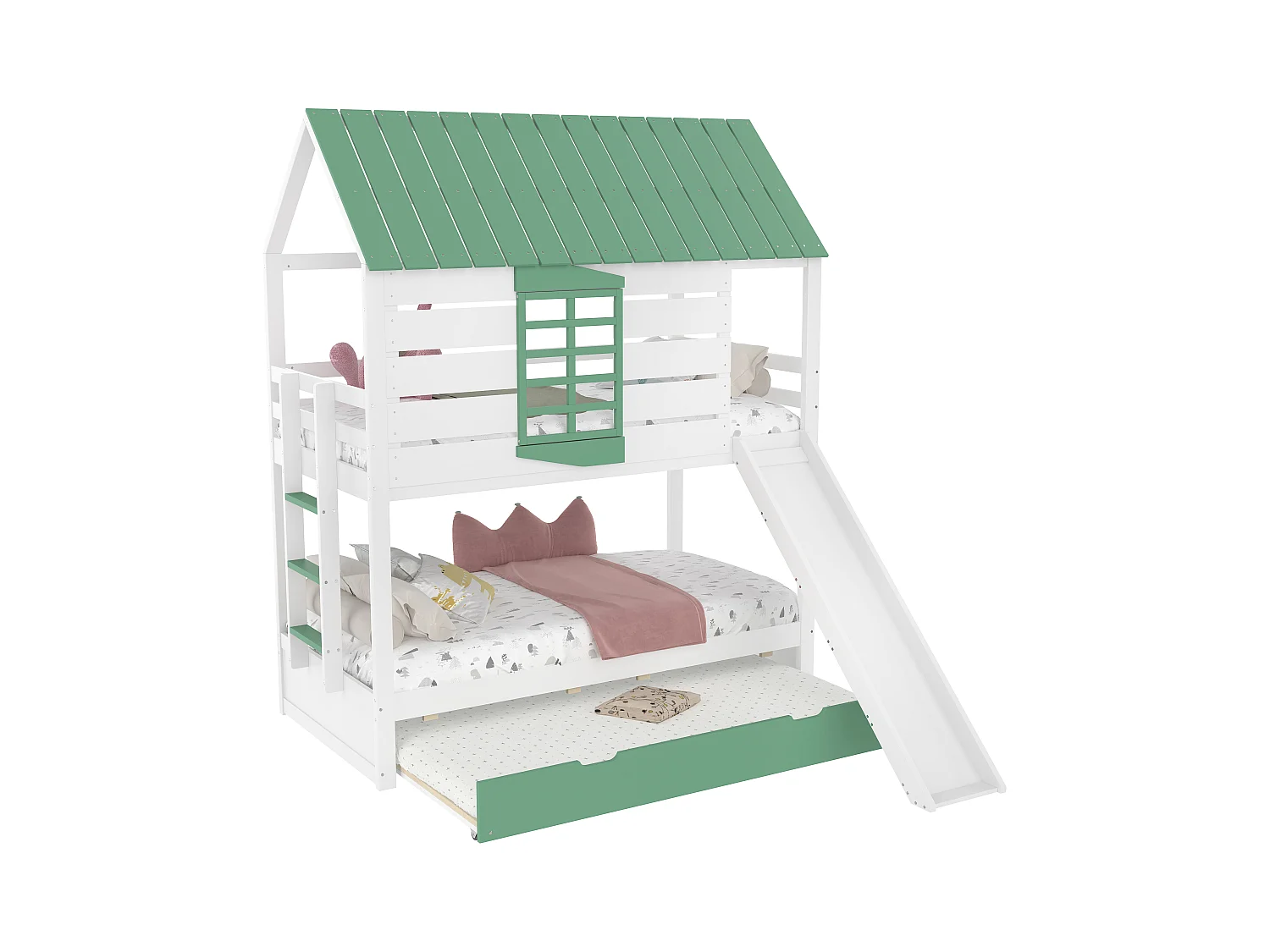 Lit superposé 90x200 bois massif maison avec toboggan et lit gigogne blanc vert