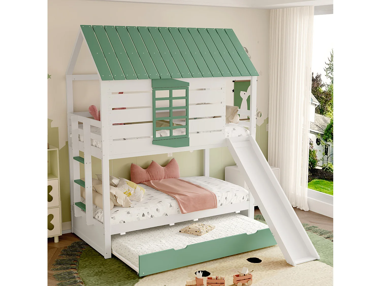Litera 90x200 casa de madera maciza con tobogán y cama nido blanco verde