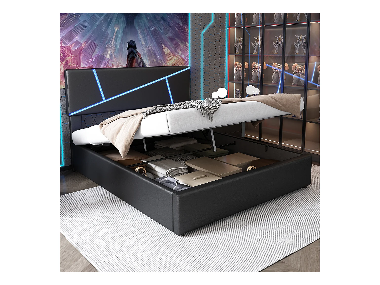 Cama com arrumação 140x200 cm em pele sintética preta com LED e cabeceira estofada