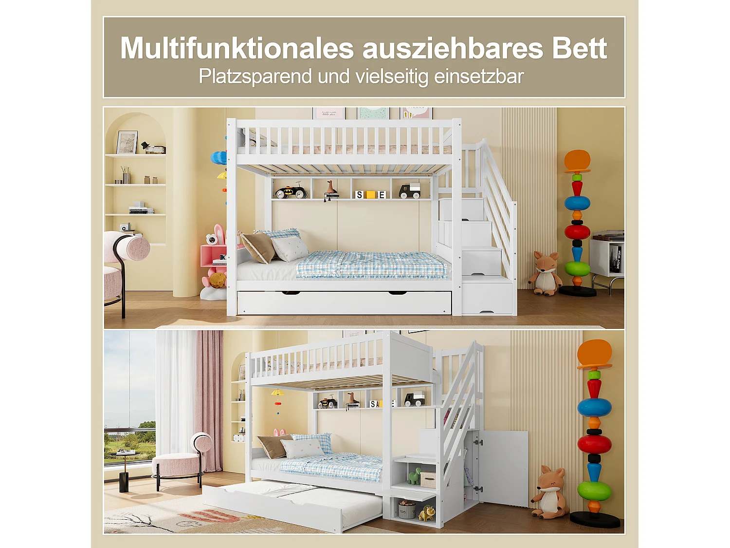 Lit superposé 90x200 bois avec armoire tiroir lit gigogne enfants/adolescents blanc