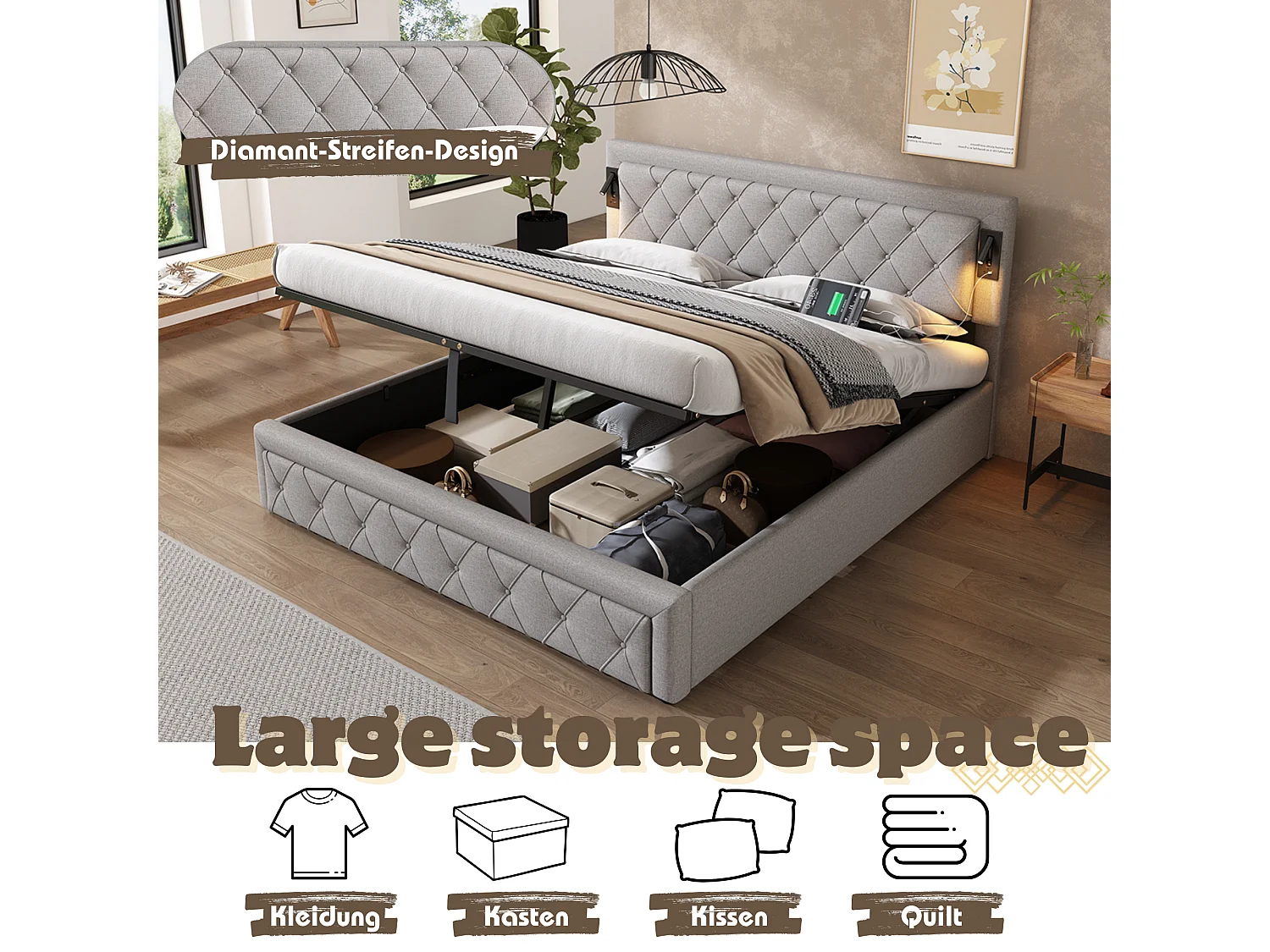 Cama de casal com arrumação 180x200 tecido cinza com arrumação hidráulica LED USB e cabeceira acolchoada