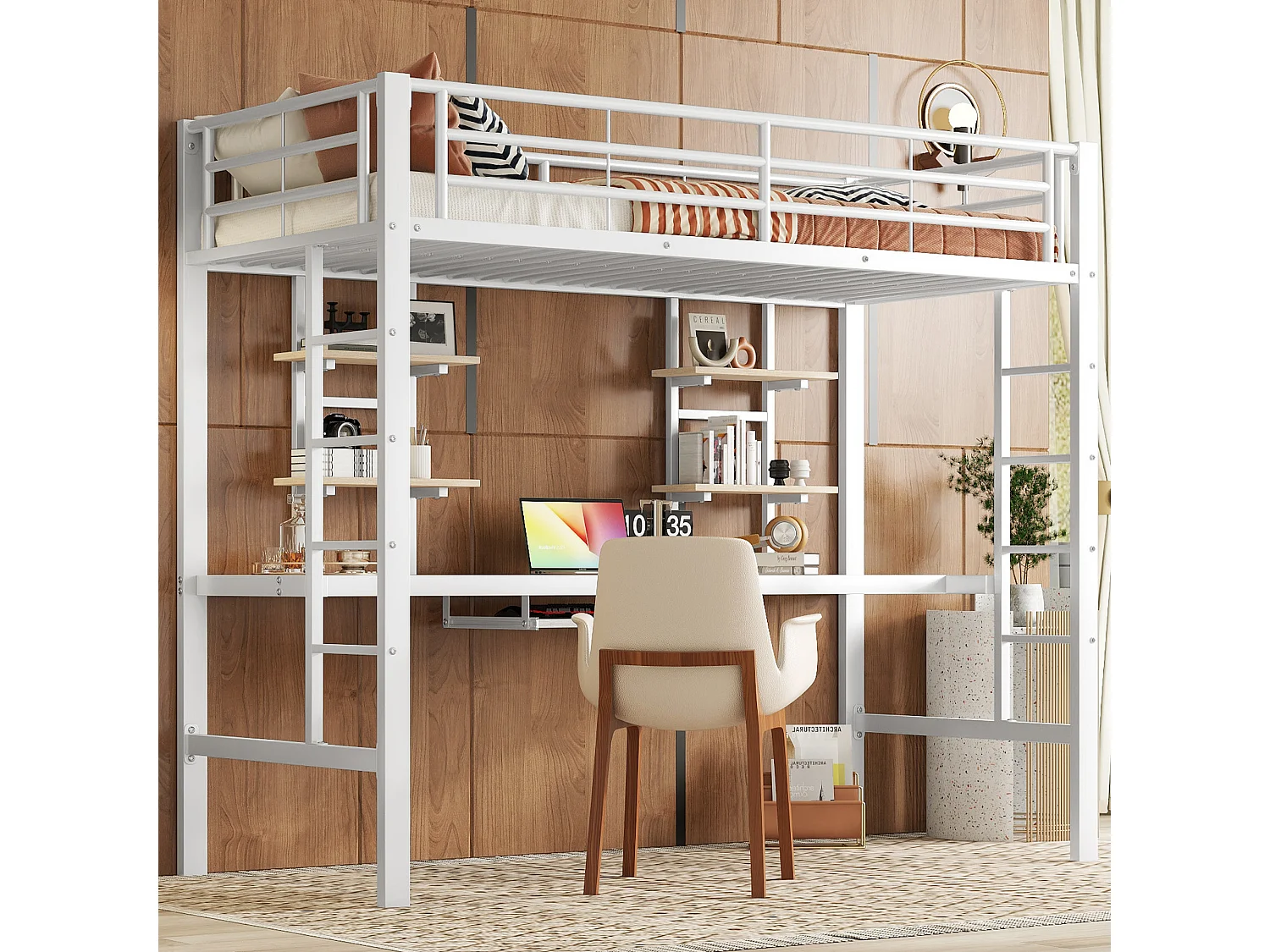 Cama alta infantil 90x200 de metal con escritorio y estantes en color blanco