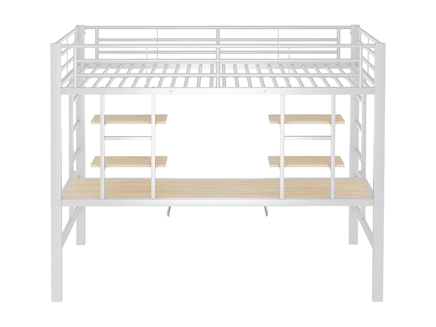 Cama alta infantil 90x200 de metal con escritorio y estantes en color blanco