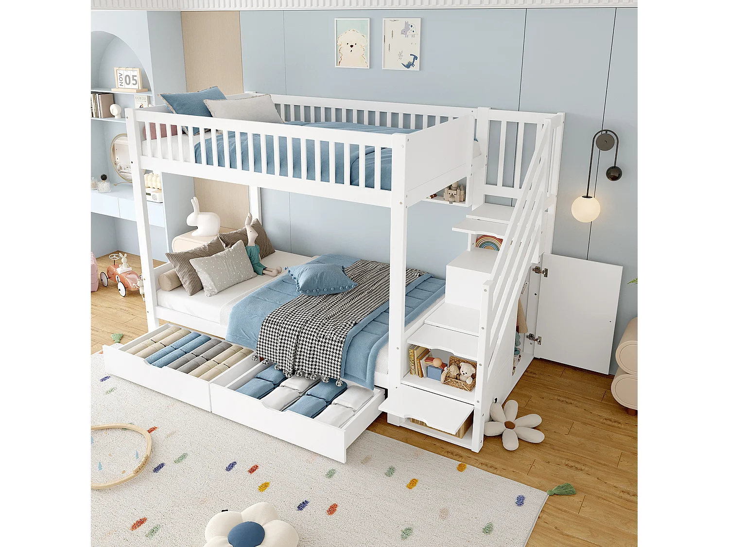 Lit superposé 90x200 bois avec tiroir étagère armadio enfants/adolescents blanc