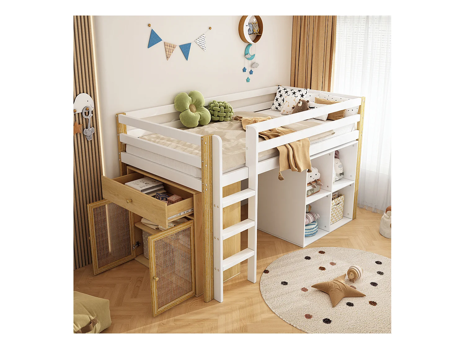 Cama alta infantil 90x200 cm madeira MDF com arrumação e escada, quarto infantil natural/branco