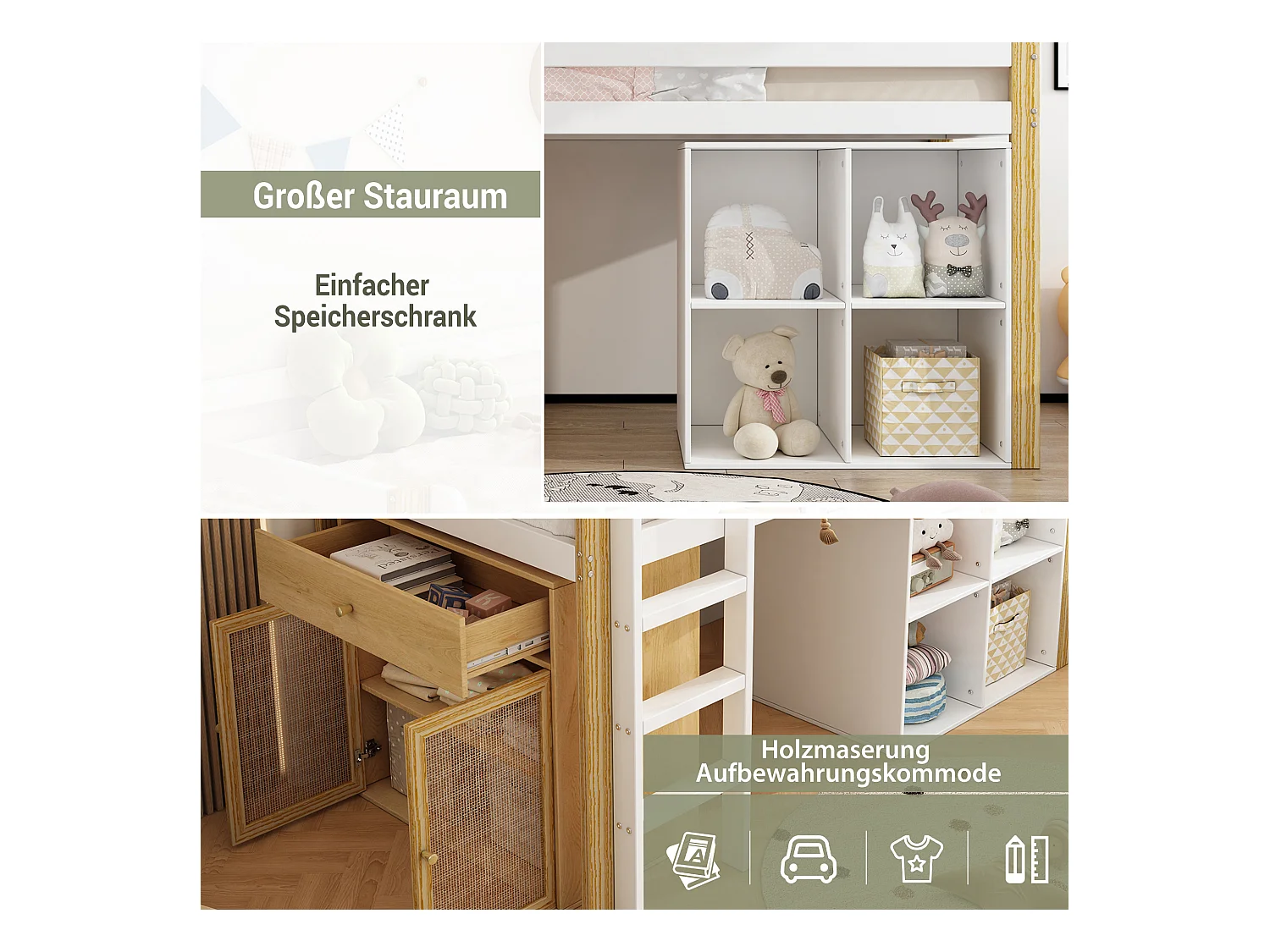 Cama alta infantil 90x200 cm madeira MDF com arrumação e escada, quarto infantil natural/branco