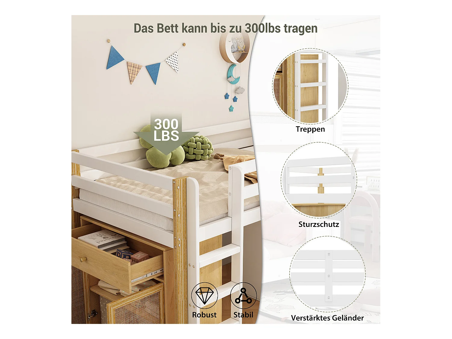 Cama alta infantil 90x200 cm madeira MDF com arrumação e escada, quarto infantil natural/branco