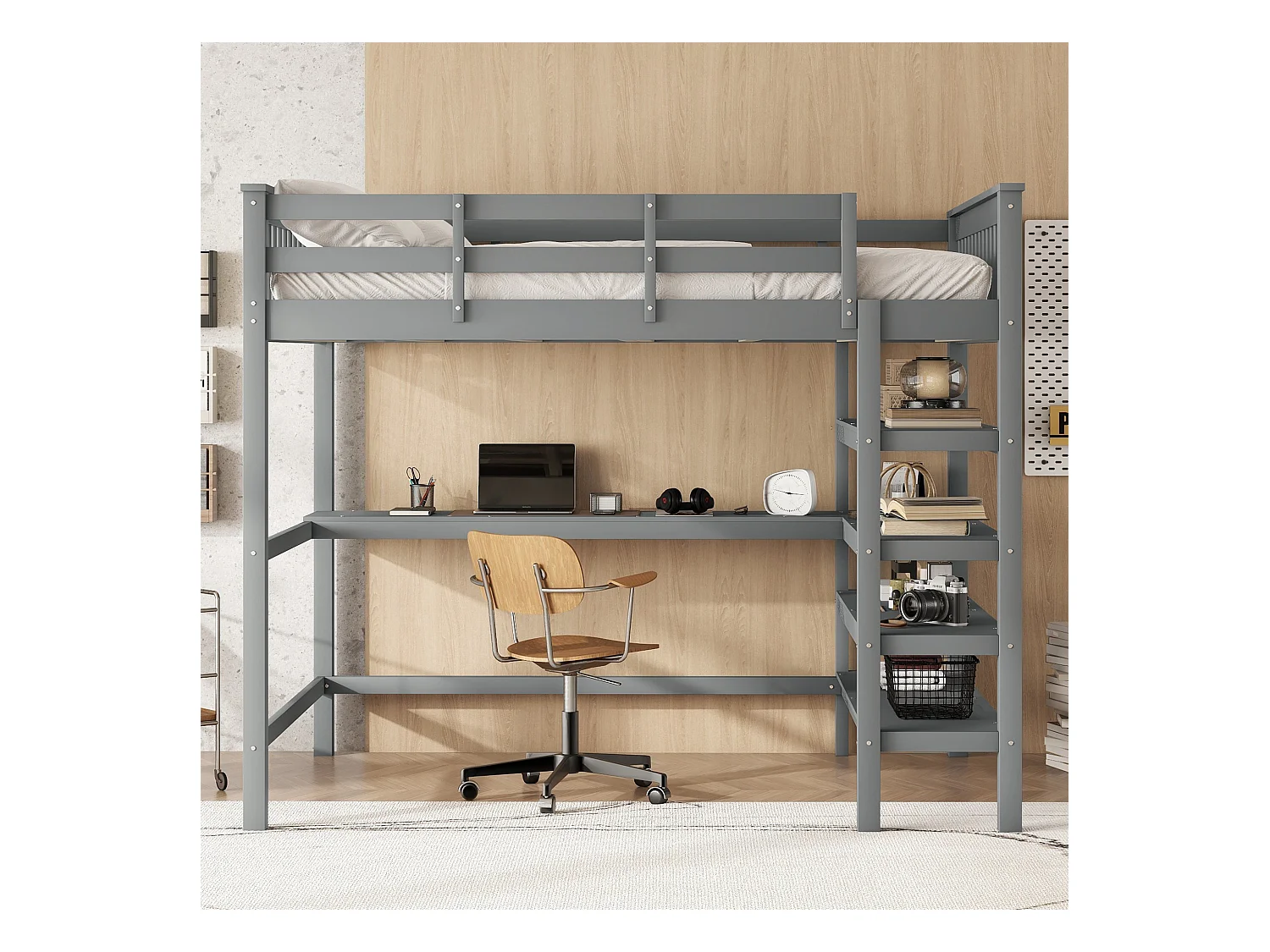 Cama infantil mezanino 140x200 madeira MDF com escrivaninha cinza