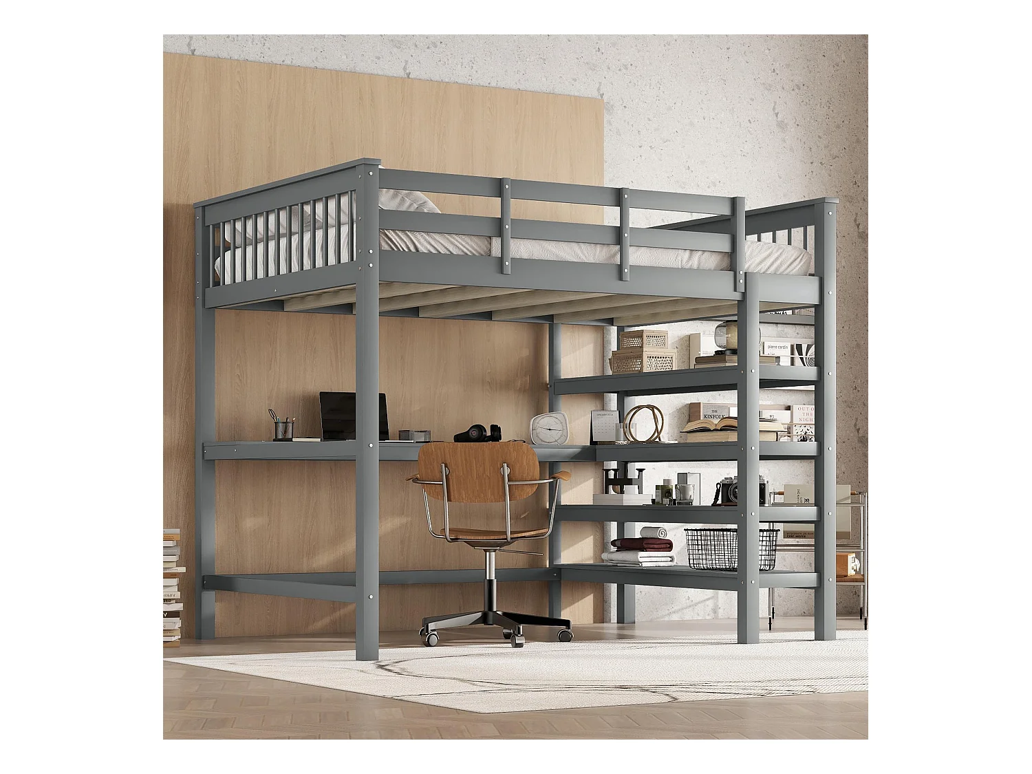 Cama infantil mezanino 140x200 madeira MDF com escrivaninha cinza