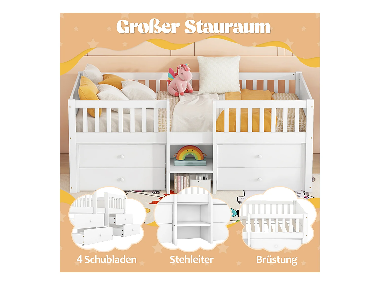 Cama infantil mezanino 90x200 cm madeira com 4 gavetas e guarda-corpo branco