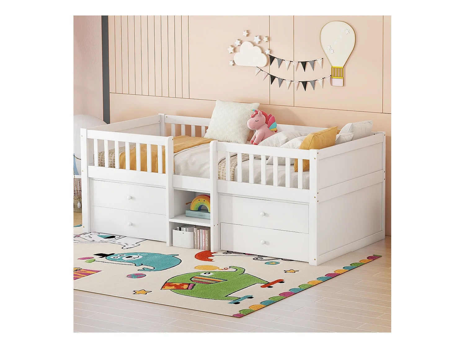 Cama infantil mezanino 90x200 cm madeira com 4 gavetas e guarda-corpo branco