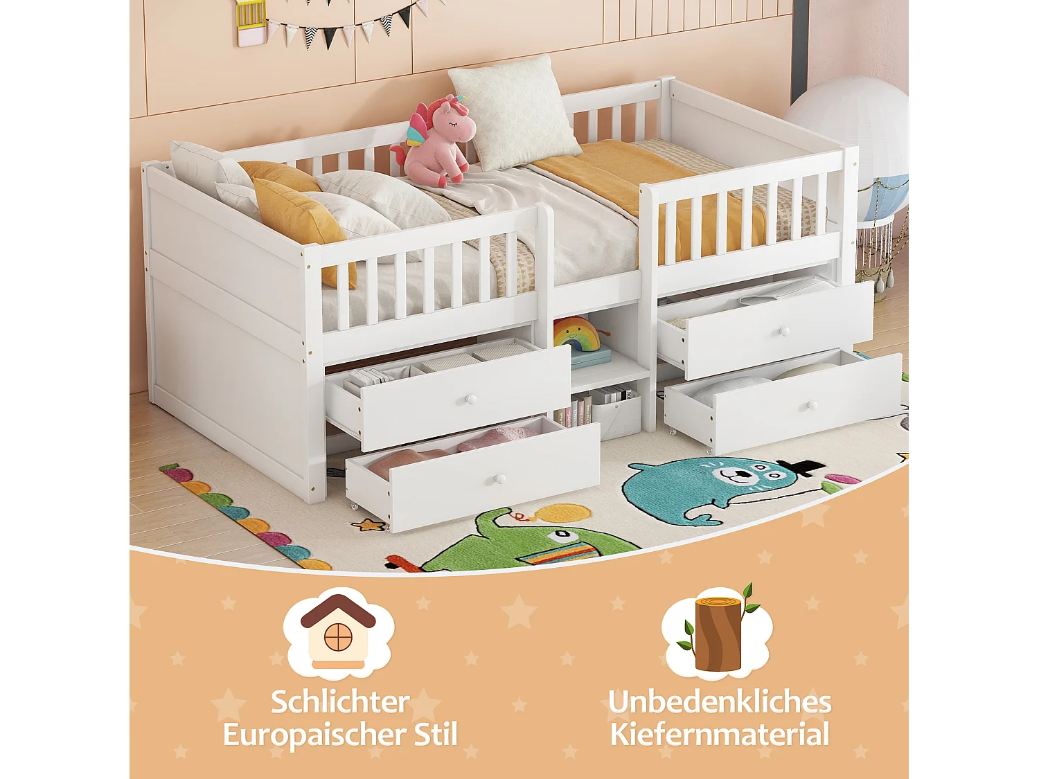 Cama infantil mezanino 90x200 cm madeira com 4 gavetas e guarda-corpo branco