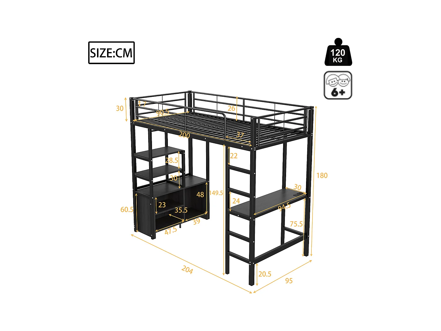 Cama mezanino de metal preto 90x200 com escrivaninha, prateleiras e porta USB