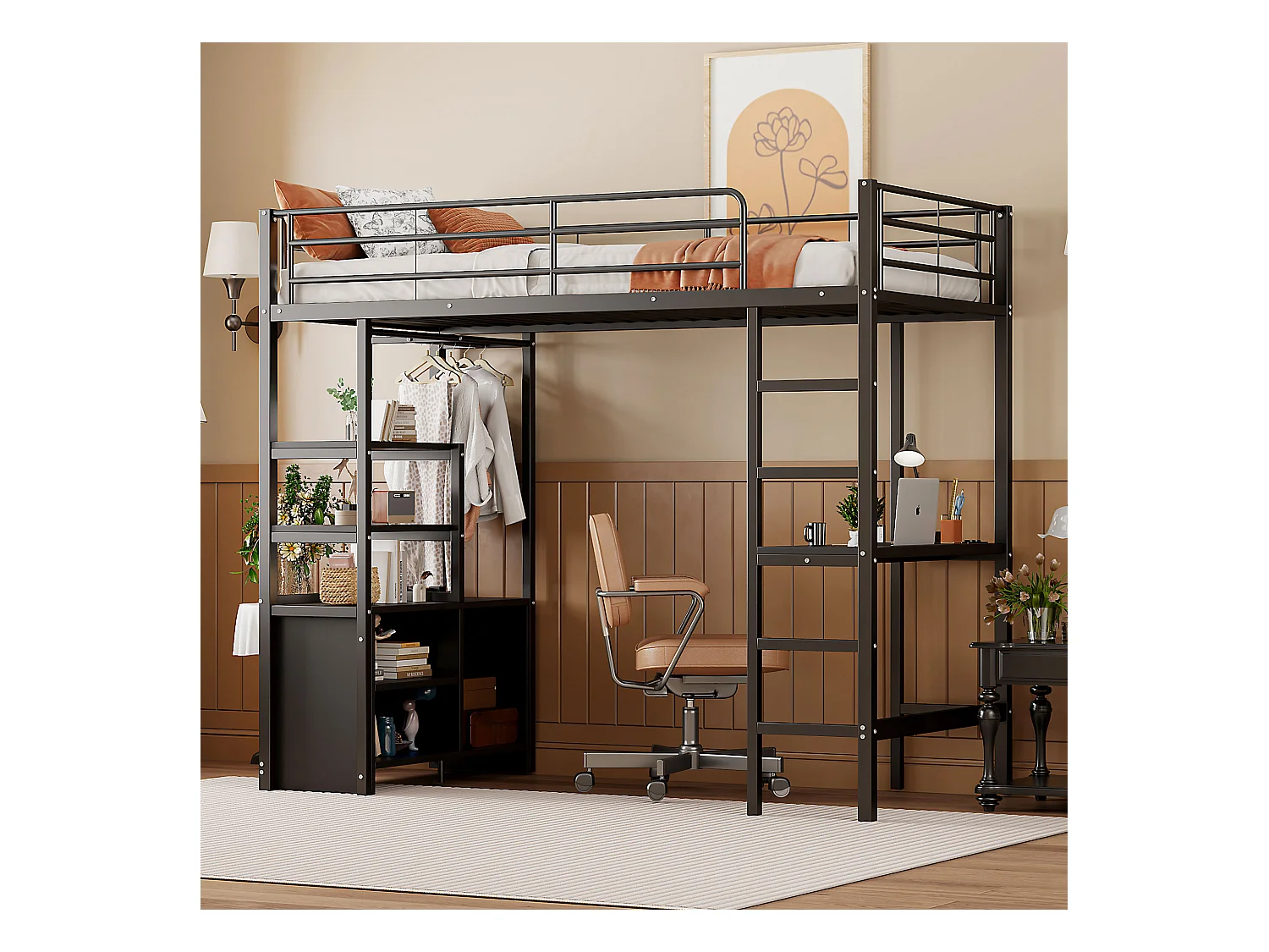 Cama mezanino de metal preto 90x200 com escrivaninha, prateleiras e porta USB