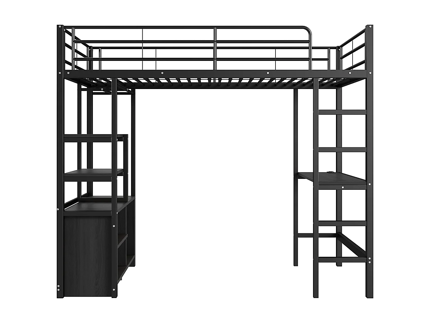 Cama mezanino de metal preto 90x200 com escrivaninha, prateleiras e porta USB