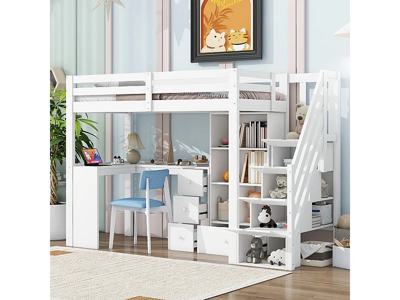 Cama infantil mezanino de madeira 90x200 com escrivaninha e prateleiras de armazenamento na cor branca