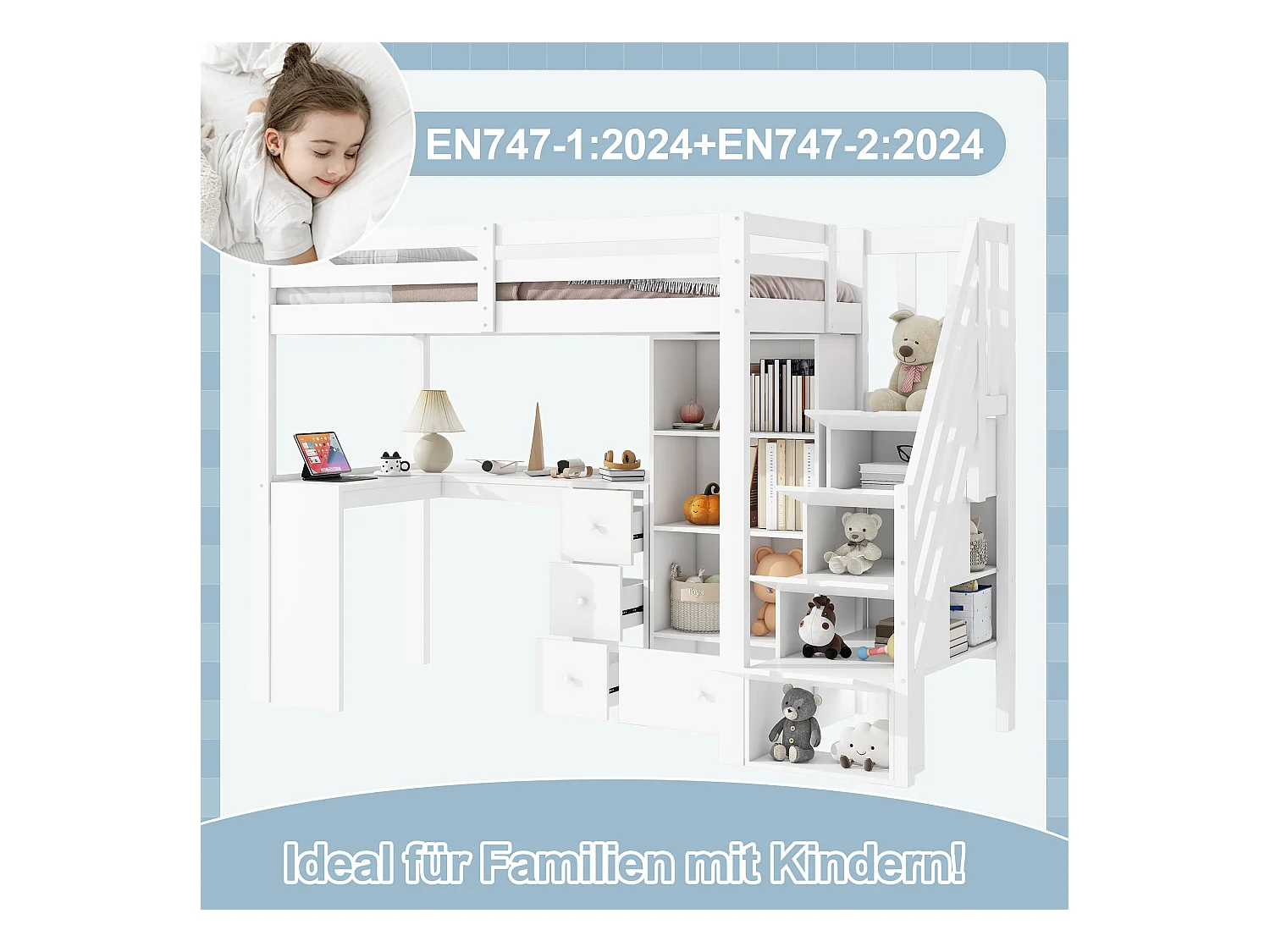 Cama infantil mezanino de madeira 90x200 com escrivaninha e prateleiras de armazenamento na cor branca