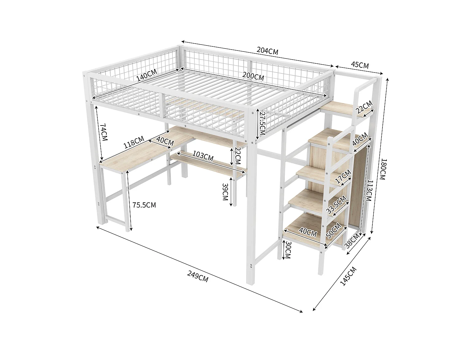 Lit mezzanine 140x200 cm métal avec bureau, étagères et rangement blanc