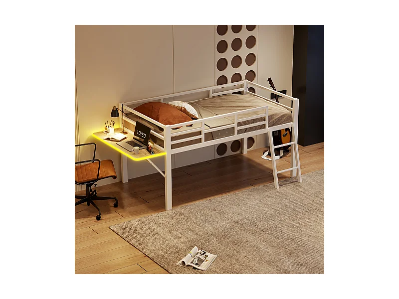 Cama alta de metal de 90x200 cm con escritorio LED y espacio de almacenaje para dormitorio infantil en color blanco