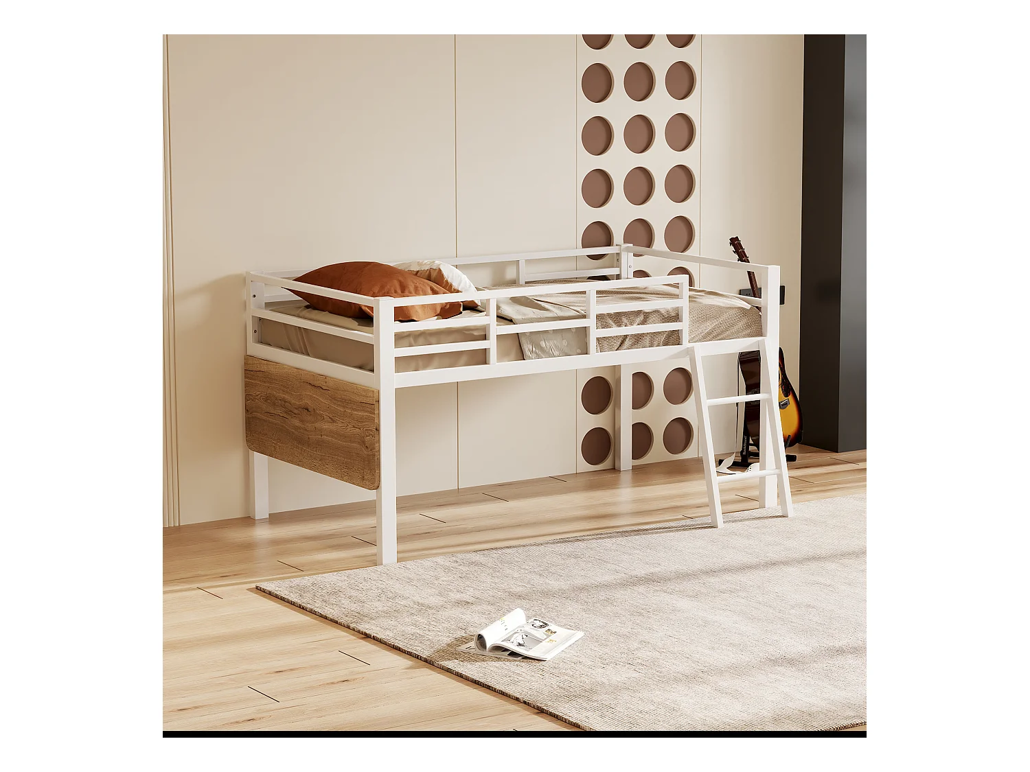 Soppalco illuminato 90x200 cm in metallo con scrivania LED e dispositivi per la camera da letto del bambino bianco