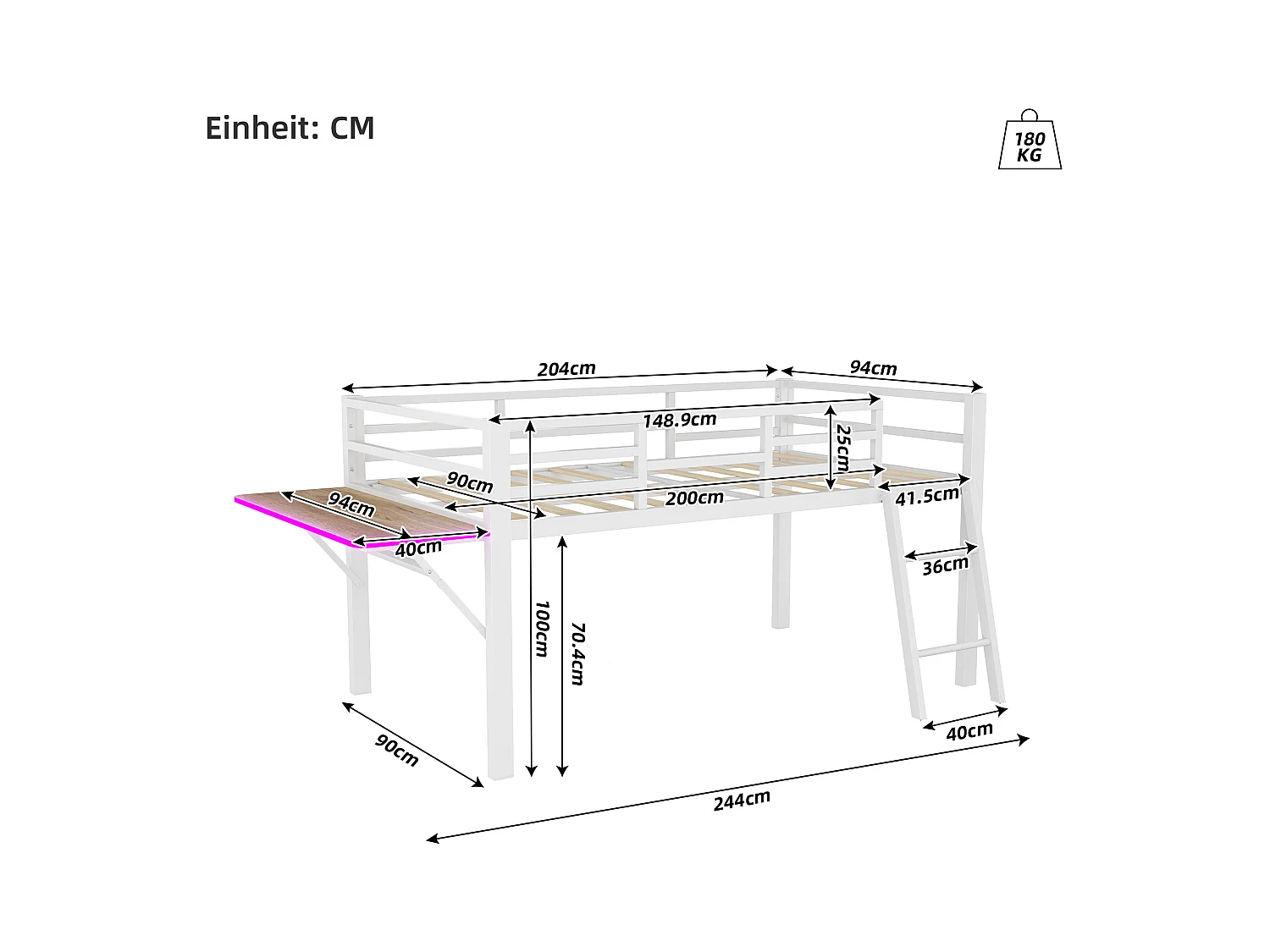 Soppalco illuminato 90x200 cm in metallo con scrivania LED e dispositivi per la camera da letto del bambino bianco