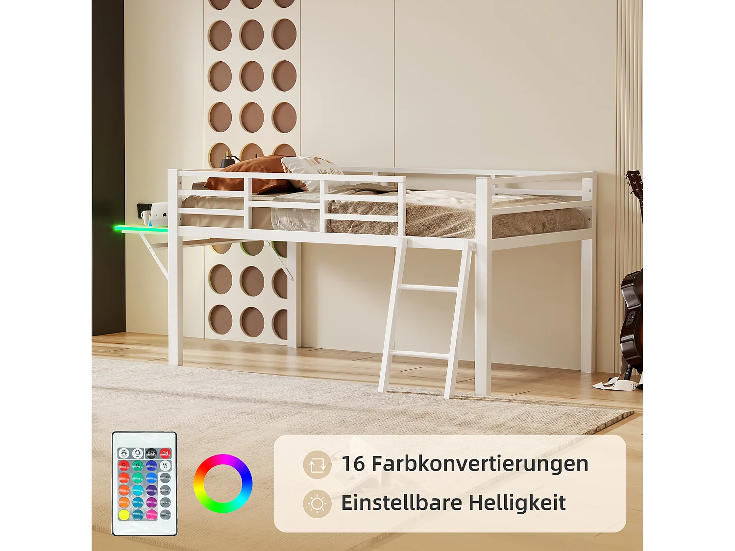 Cama alta de metal de 90x200 cm con escritorio LED y espacio de almacenaje para dormitorio infantil en color blanco