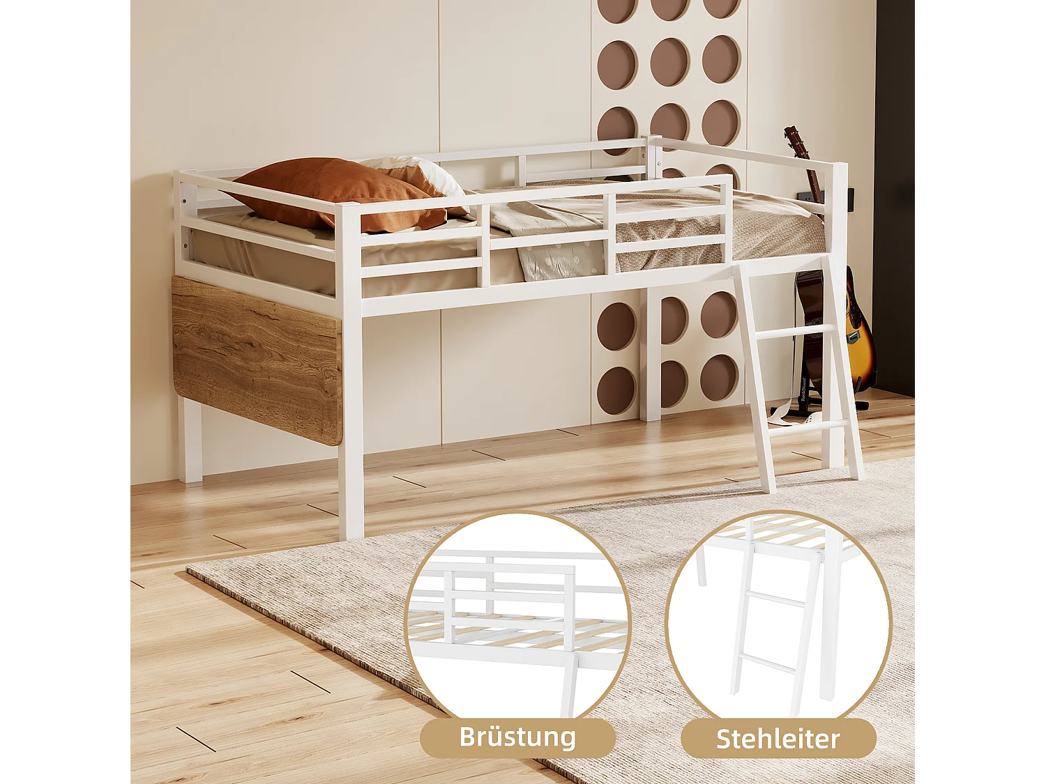 Cama alta de metal de 90x200 cm con escritorio LED y espacio de almacenaje para dormitorio infantil en color blanco