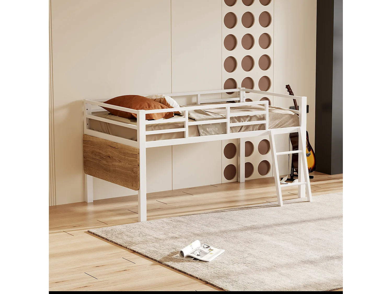 Cama mezanino de metal 90x200 cm com escrivaninha LED e armário para quarto infantil na cor branca