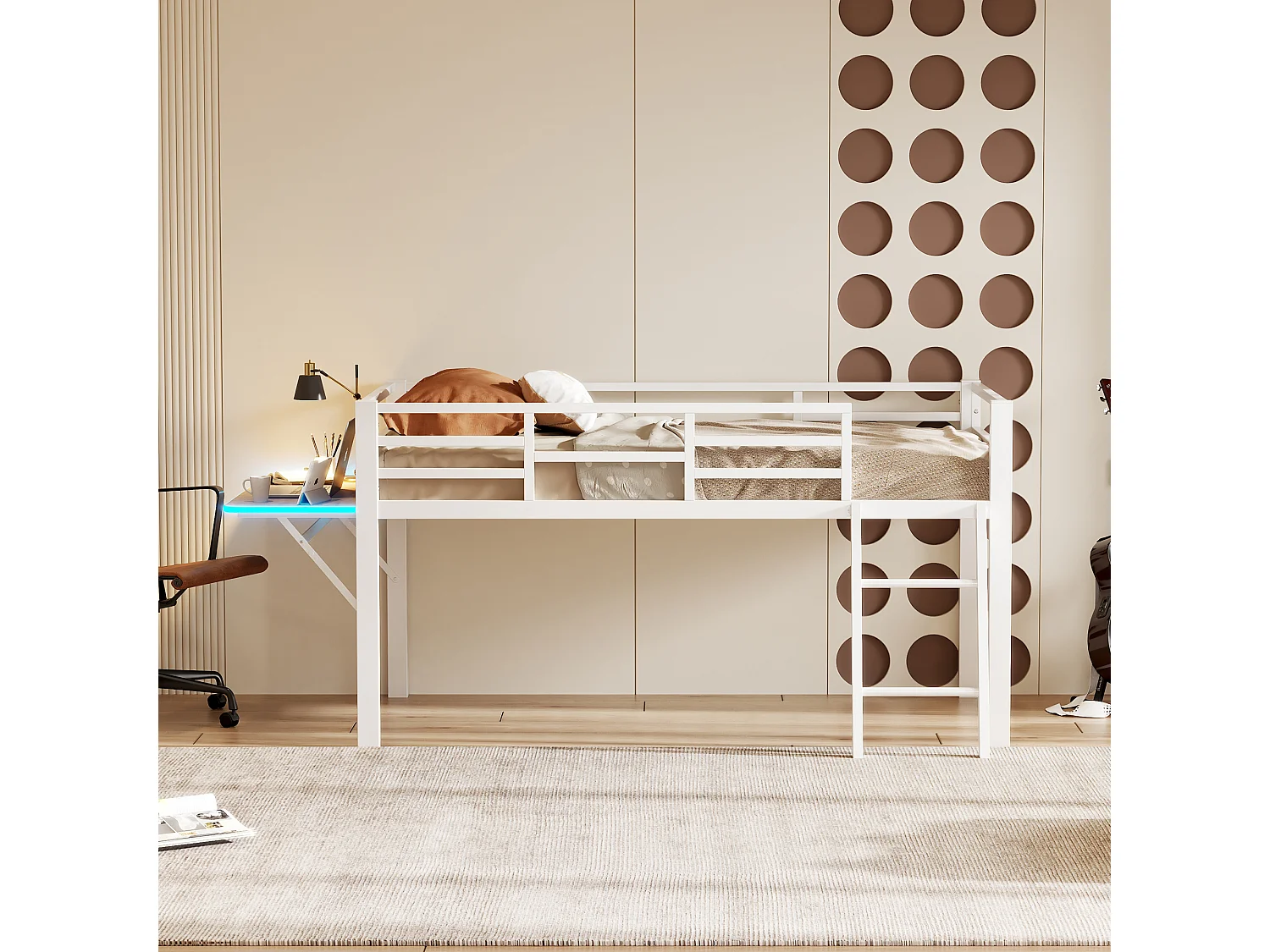 Cama mezanino de metal 90x200 cm com escrivaninha LED e armário para quarto infantil na cor branca