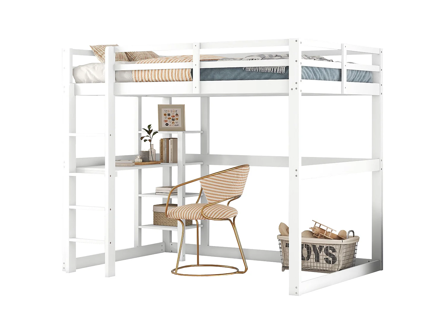 Lit mezzanine enfant 140x200 bois pin con Bureau et Rangements Blanc