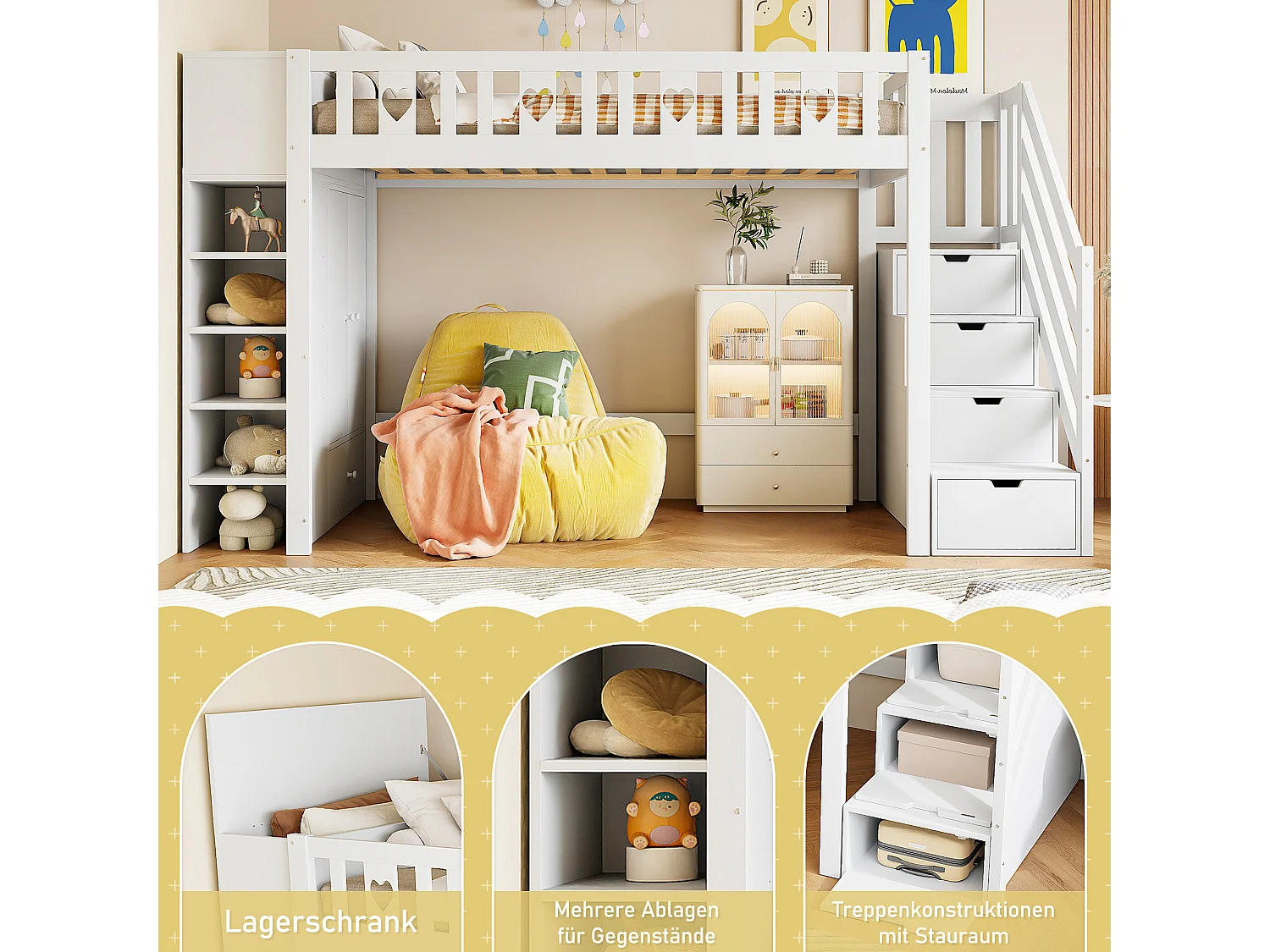 Soppalco illuminato 90x200 cm in legno MDF con cassettiera, ripiani, armadio pieghevole e spazio libero sotto la luce, bianco