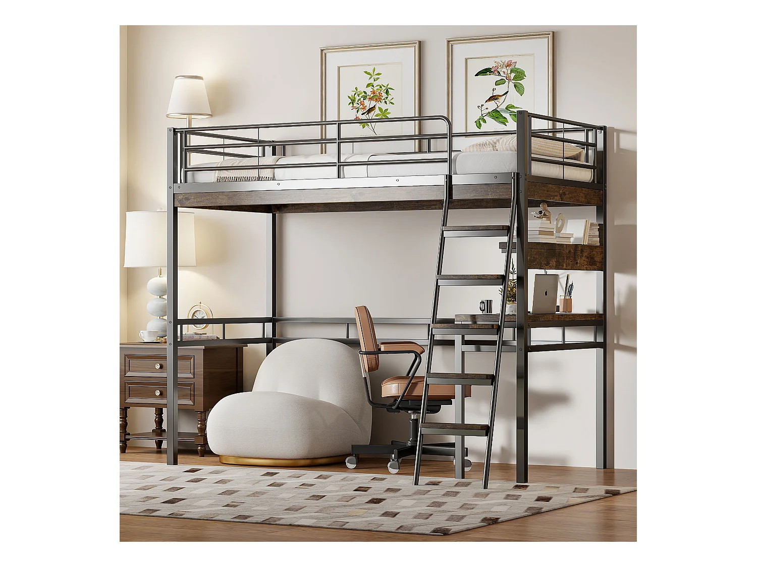 Cama mezanino de metal preto 90x200 com escrivaninha e prateleiras