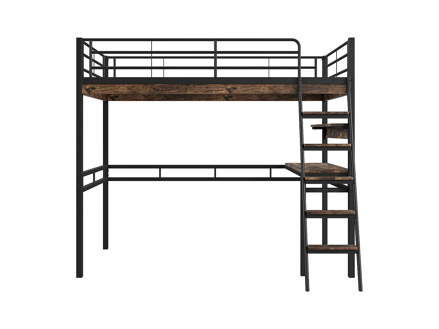 Cama mezanino de metal preto 90x200 com escrivaninha e prateleiras