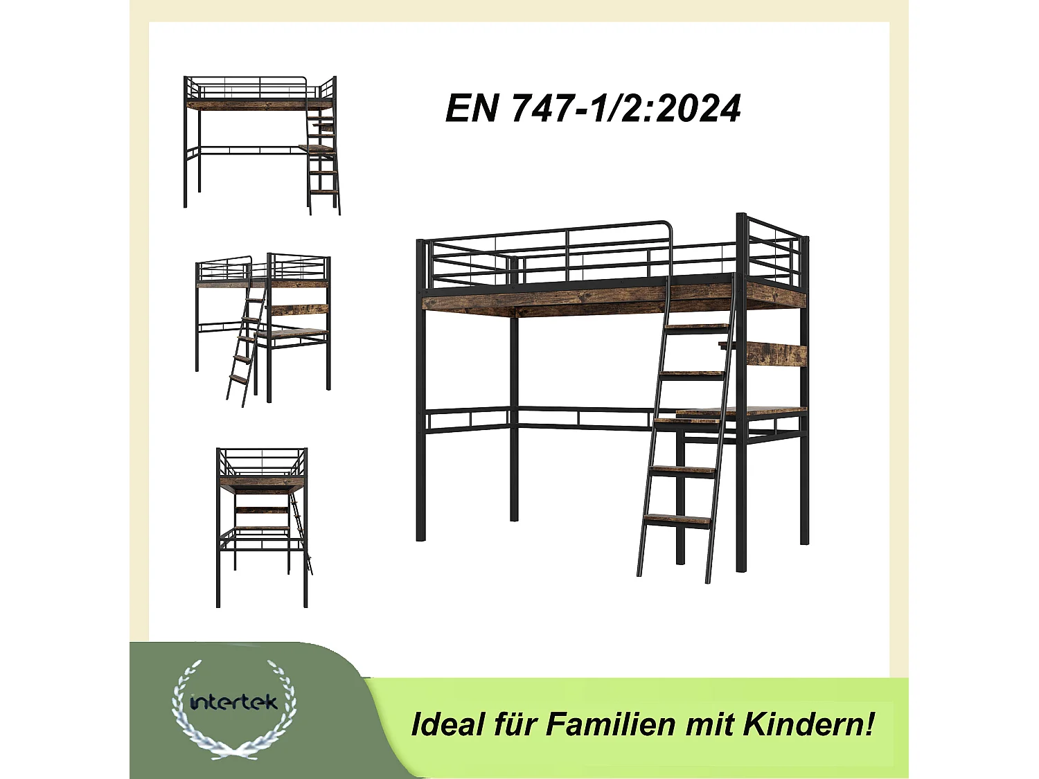 Cama alta de metal negro de 90x200 con escritorio y estantes