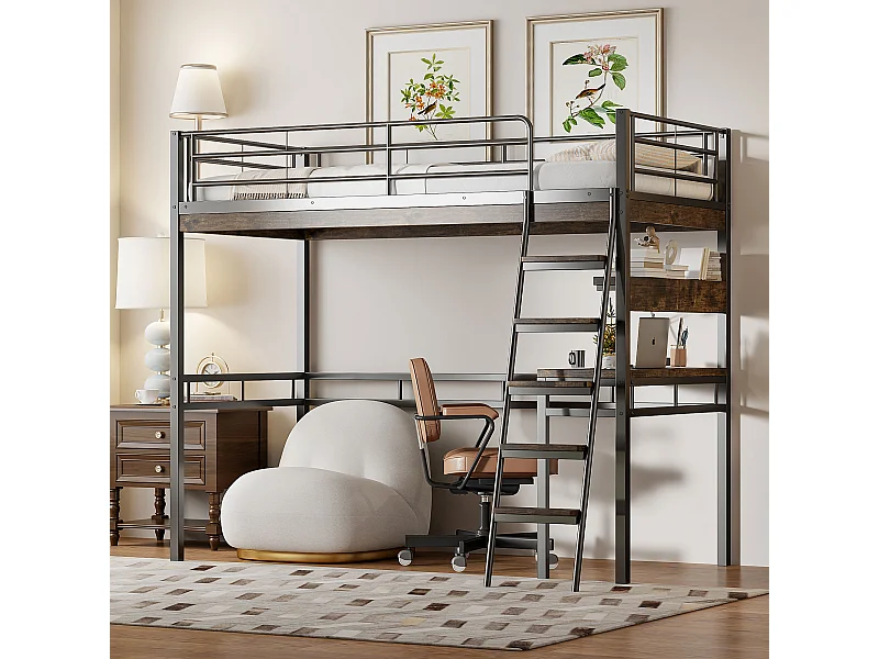 Cama alta de metal negro de 90x200 con escritorio y estantes