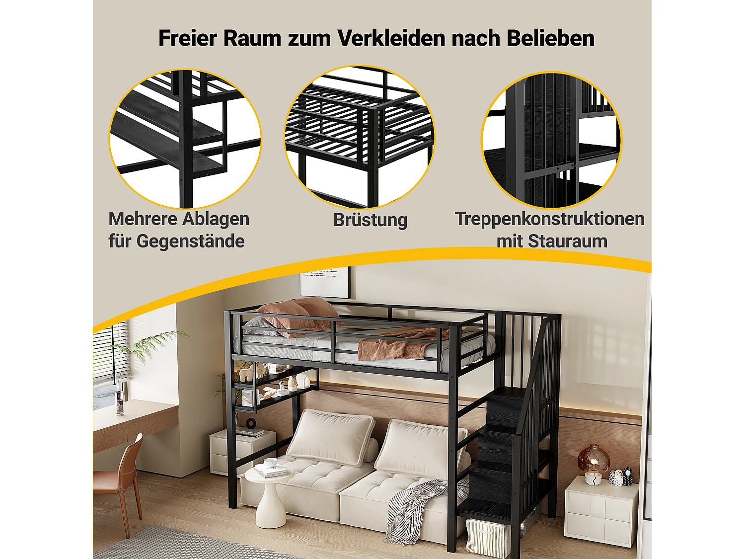 Cama mezanino 90x200 cm em MDF metálico com arrumação, prateleiras e zona de brincar em preto