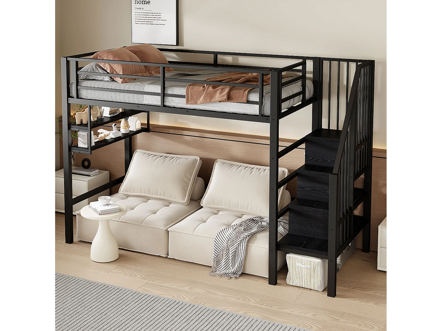 Cama mezanino 90x200 cm em MDF metálico com arrumação, prateleiras e zona de brincar em preto